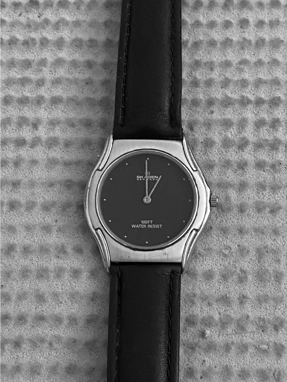 Skagen Unisex Quartz Silver Case Black Dial Watch with Black Leather Strap
